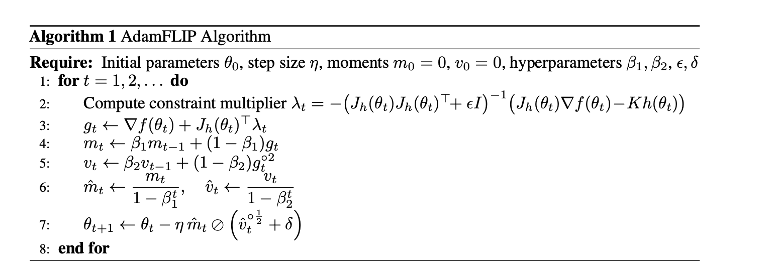 AdamFLIP algorithm: feedback-linearization-corrected Adam update for hard-constrained PINN training.